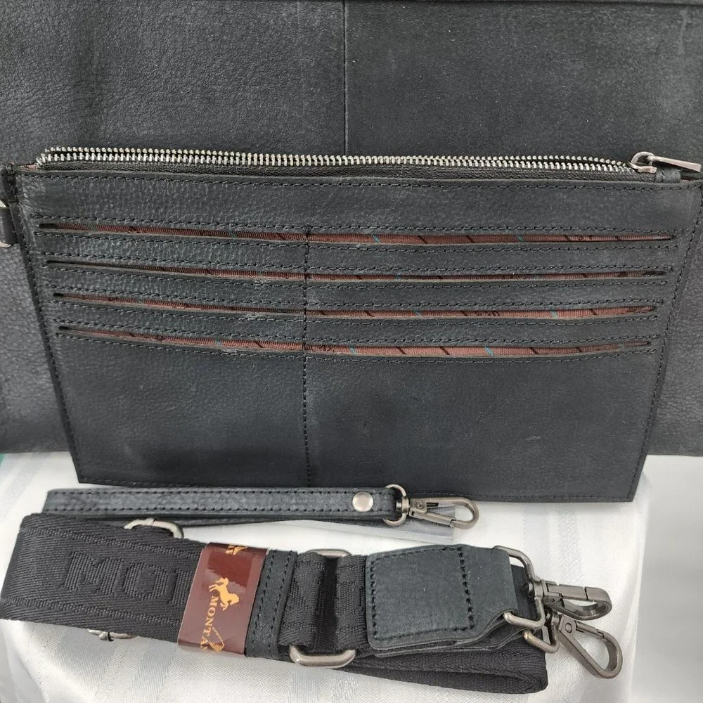 MONTANA WEST Black Genuine Leather Laptop‎ Case Tote & Wristlet Set NWT